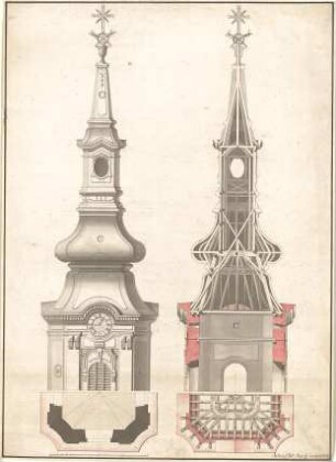 Eckert, Mathäus; Mainz; Kirchturm - Grundriss, Teilansichten, Schnitt