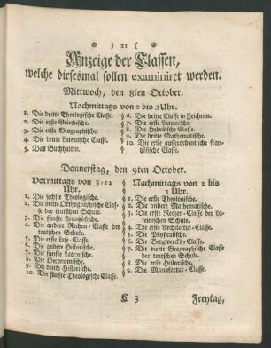 Anzeige der Klassen, welche diesesmal sollen examiniret werden.