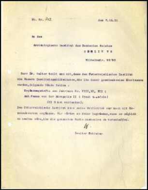 W. Wrede an DAI Zentrale