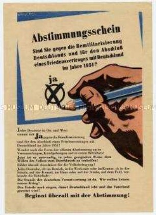 Flugblatt für Beginn der Abstimmung bei der Volksbefragung über Friedensvertrag, gegen Remilitarisierung