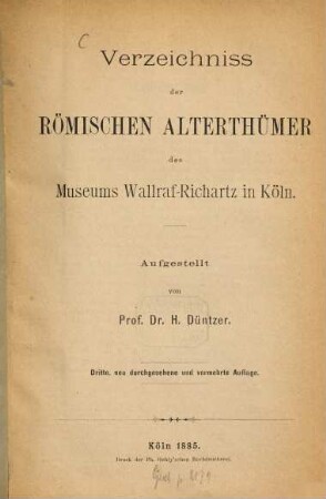Verzeichnis der Römischen Altertümer des Museums Wallraf-Richartz in Köln