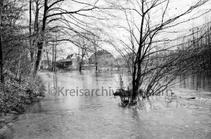Beste: Kurpark: Hochwasser: Blick von Fußgängerbrücke: vorn Mitte Büsche im Wasser: links Böschung mit Bäumen: hinten Mitte hinter Büschen und Bäumen Gebäude auf Gelände der Papierfabrik und Am Kurpark