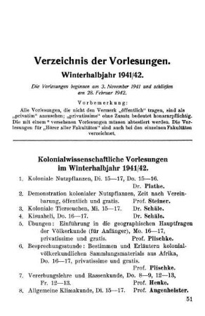 Verzeichnis der Vorlesungen. Winterhalbjahr 1941/42.