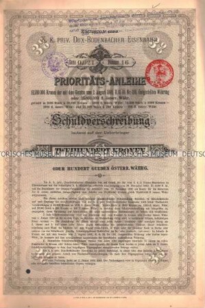 Schuldverschreibung zur Prioritäts-Anleihe der Dux-Bodenbacher Eisenbahn über 200 Kronen
