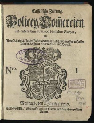 Nro. I, Montags, den 2. Januar 1747
