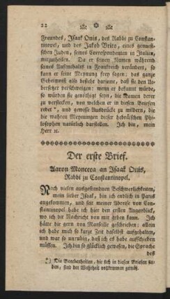 Der erste Brief. Aaron Monceca an Isaak Onis, Rabbi zu Constantinopel