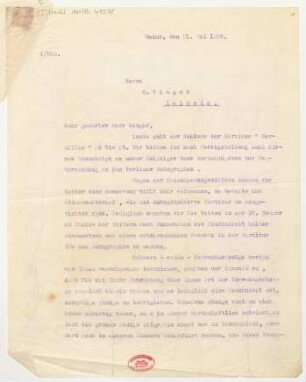 Brief an Otto Singer : 21.05.1926