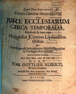 Disputationem Inauguralem De Jure Ecclesiarum Circa Temporalia