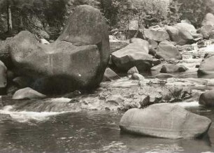 Harz. Okertal. "Forellensprung". Riesensteinblöcke im Flußbett