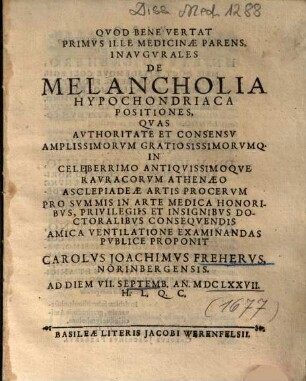 Qvod Bene Vertat Primvs Ille Medicinae Parens, Inavgvrales De Melancholia Hypochondriaca Positiones