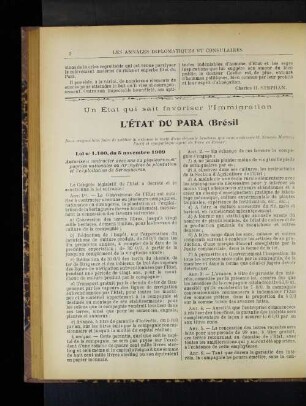 Un État qui sait favoriser l'Immigration L'État du Para (Brésil)