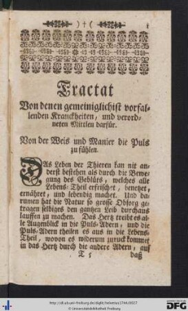 Tractat von denen gemeiniglichist vorfallenden Kranckheiten, und verordneten Mittlen darfür.
