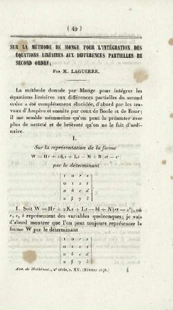 Sur la méthode de Monge pour l'intégration des équations linéaires aux différences partielles du second ordre.