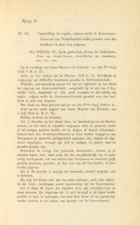 Bijlage F. No.64. Vaststelling der regels, volgens welke de gouverneur-generaal van Nederlandsch-Indie ...