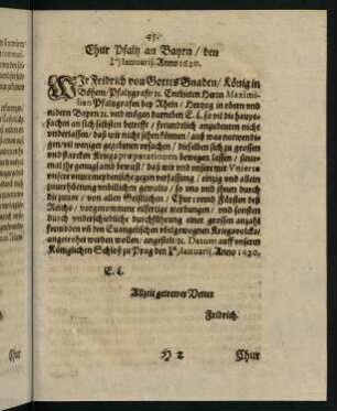45, Chur Pfaltz an Bayn den 4. Ianuarij, 14. Ianuarij. Anno 1620