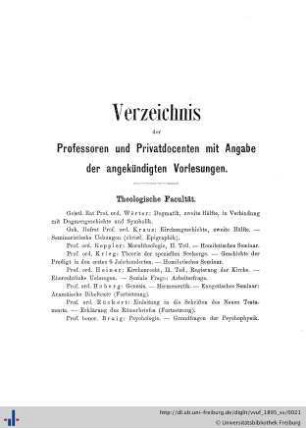 Verzeichnis der Professoren und Privatdocenten mit Angabe der angekündigten Vorlesungen.