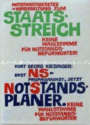 Zusammendruck von zwei Klebezetteln gegen die geplanten Notstandsgesetze