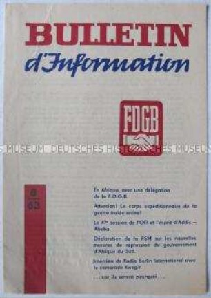 Mitteilungsblatt des FDGB u.a. zum Besuch einer FDGB-Delegation in Afrika (in französischer Sprache)
