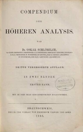 Compendium der höheren Analysis : in zwei Bänden, Erster Band [Teil 1]. [Differentialrechnung] : mit in den Text eingedruckten Holzstichen