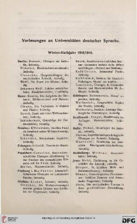 Vorlesungen an Universitäten deutscher Sprache (Winter-Halbjahr 1918/1919)