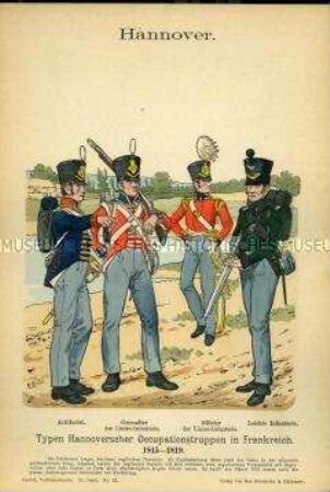 Uniformdarstellung, Artillerist, Grenadier und Offizier der Linien-Infanterie, Gemeiner der Leichten Infanterie, Königreich Hannover, 1815/1819.
