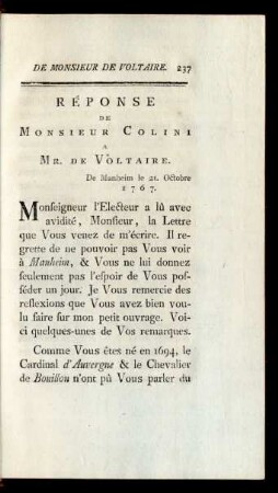 Réponse de Monsieur Colini a Mr. de Voltaire.