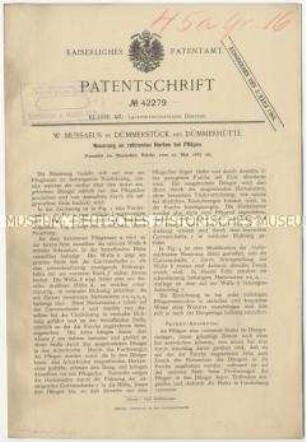 Patentschrift einer Neuerung an rotierenden Harken bei Pflügen, Patent-Nr. 42279