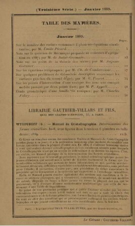 Table des matières. Janvier 1889.