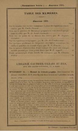 Table des matières. Janvier 1889.