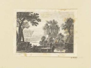 Landschaft mit Anglern vor verfallenem Tempel