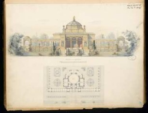 Gartenhaus Monatskonkurrenz Oktober 1877: Lageplan mit Grundriss, Aufriss Gartenansicht; 2 Maßstabsleisten