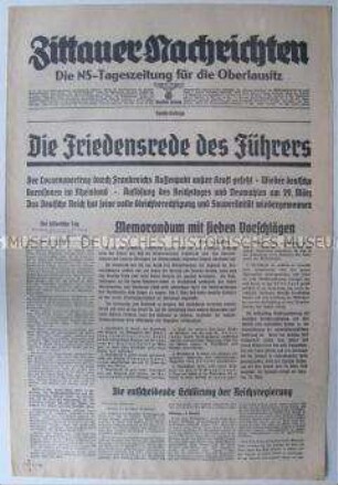 Sonderbeilage der "Zittauer Nachrichten" zur Reichstagsrede Hitlers über die Kündigung des Locarno-Vertrages