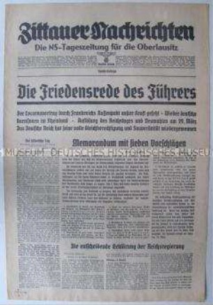 Sonderbeilage der "Zittauer Nachrichten" zur Reichstagsrede Hitlers über die Kündigung des Locarno-Vertrages