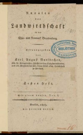 1: Annalen der Landwirthschaft in der Chur- und Neumark Brandenburg