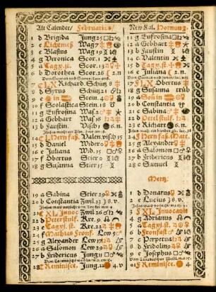 Alt Calender/ Februarius/ New Kal. Hornung.