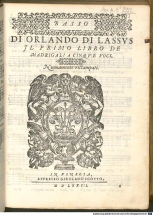 DI ORLANDO DI LASSVS IL PRIMO LIBRO DE MADRIGALI A CINQVE VOCI
