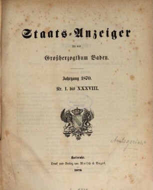 Staatsanzeiger für das Großherzogtum Baden. 1870