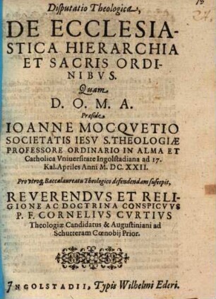 Disputatio theologica de ecclesiastica hierarchia et sacris ordinibus