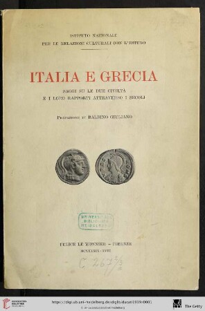 Italia e Grecia : saggi su le due civiltà e i loro rapporti attraverso i secoli