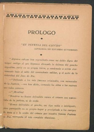 Prólogo : "En defensa del gaucho". (Apología de Eduardo Gutiérrez)