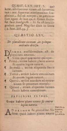 Quaestio LXV. De pluralitate uxorum, in quinque articulos divisa.