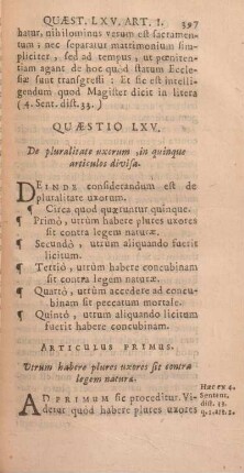 Quaestio LXV. De pluralitate uxorum, in quinque articulos divisa.