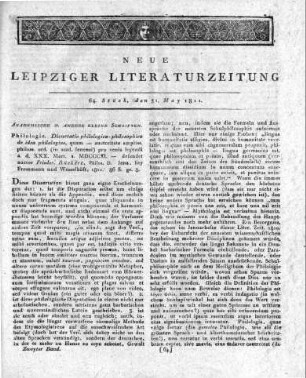 Dissertatio philologico - philosophica de idea philologiae, quam - auctoritate ampliss. philoss. ord. (in acad. Jenensi) pro venia legendi a. d. XXX. Mart. a. MDCCCXI. - defendet auctor Frieder. Rückert, Philos. D. Jena, bey Frommann und Wesselhöft, 1811. 86 S. gr. 8.