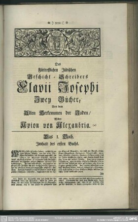 Des Fürtrefflichen Jüdischen Geschicht-Schreibers Flavii Josephi Zwey Bücher, Von dem Alten Herkommen der Juden, Wider Apion von Alexandria