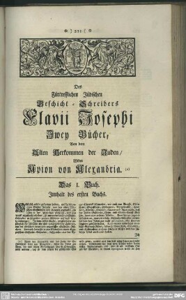 Des Fürtrefflichen Jüdischen Geschicht-Schreibers Flavii Josephi Zwey Bücher, Von dem Alten Herkommen der Juden, Wider Apion von Alexandria