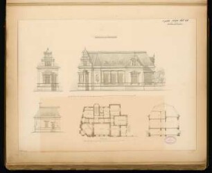 Wohnhaus, Eberswalde Monatskonkurrenz Juli 1880: Grundriss Erdgeschoss, Aufriss Straßenansicht (Alsenplatz, Eckfassade, Sandgasse), Querschnitt; 2 Maßstabsleisten