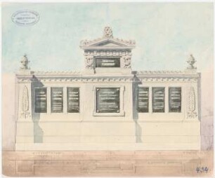 Erbbegräbnis für 7 Gräber auf dem israelitischen Kirchhof, Berlin-Weißensee: Fassade, Grundriss (Variante) 1:25