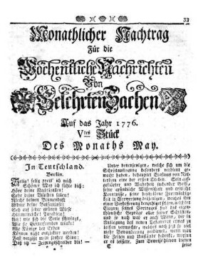 Monathlicher Nachtrag [...] Auf das Jahr 1776. Vtes Stück Des Monaths May