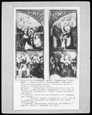Sippenaltar — Altar in geöffnetem Zustand — Linker Flügel, Innenseite — Bildfeld: Zacharias und Elisabeth mit Johannes dem Täufer