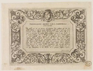 Widmung an Kardinal Fernando De' Medici mit Ornamenten Ferdinando Medici S.R.E. Cardinali Amplissimo Passion, Tod und Auferstehung Christi (Titel der Reihe)